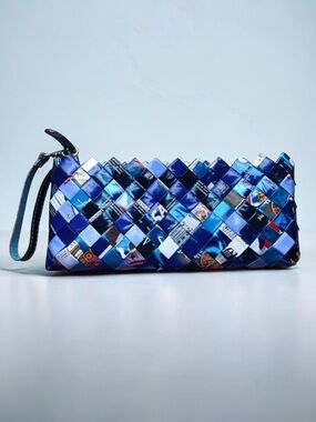 Recycled Handmade Candy Gum Wrapper Blue Woven Clutch Bag